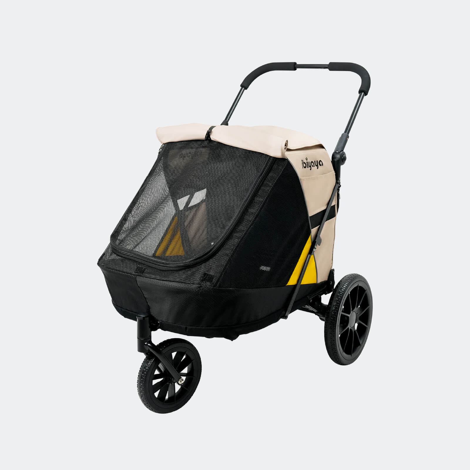Pet stroller with black frame and beige cover with Ibiyaya logo on a white background