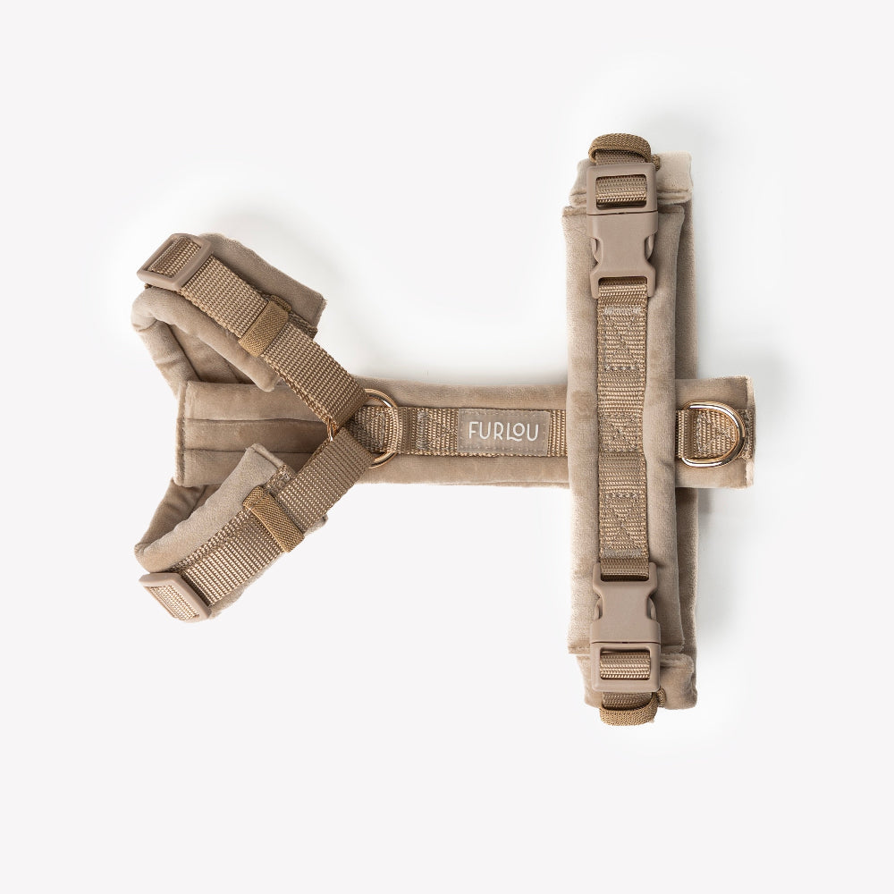 Beige and tan color dog harness with 'FURLOU' branding on a white background