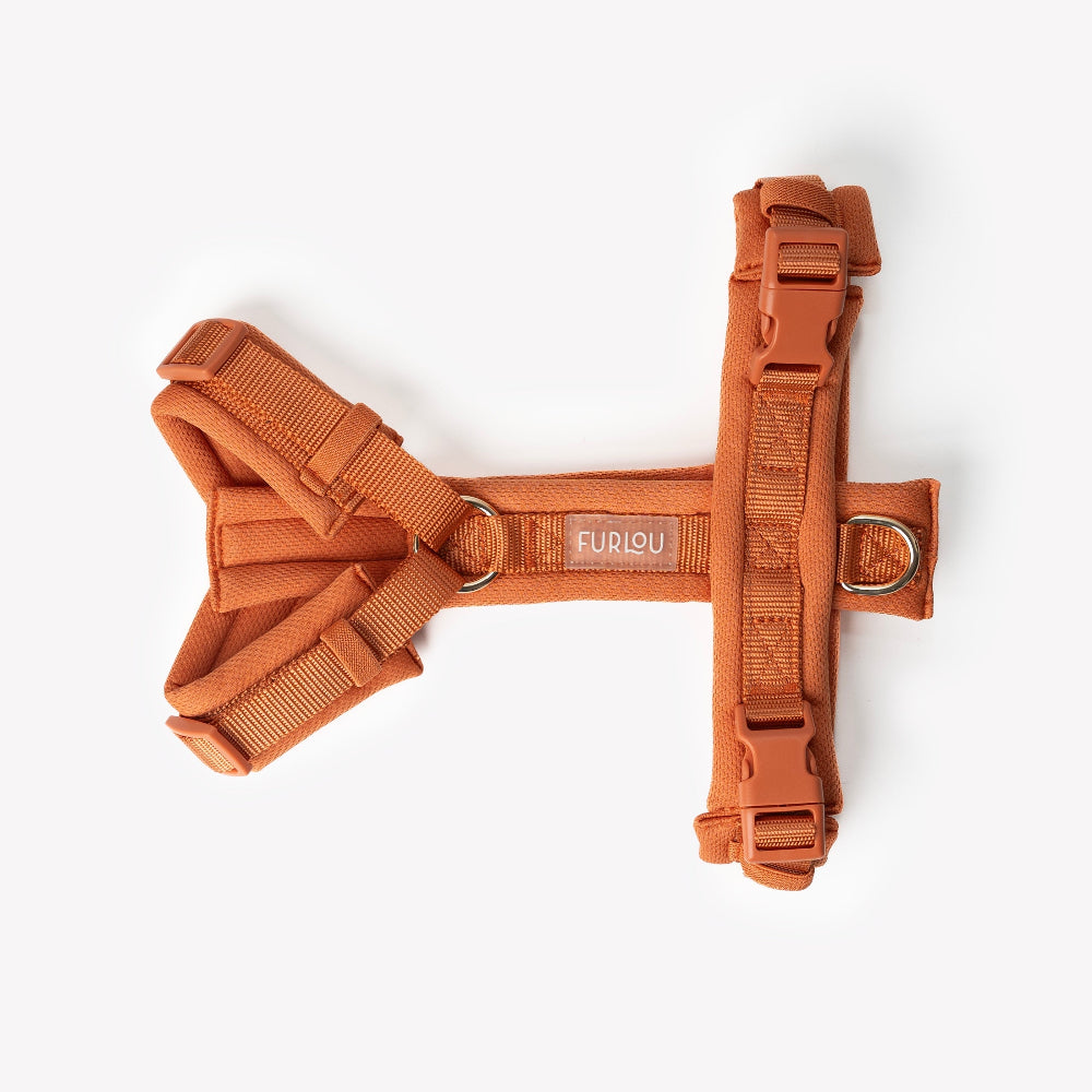 Brown dog harness with 'Furlou' branding on a white background