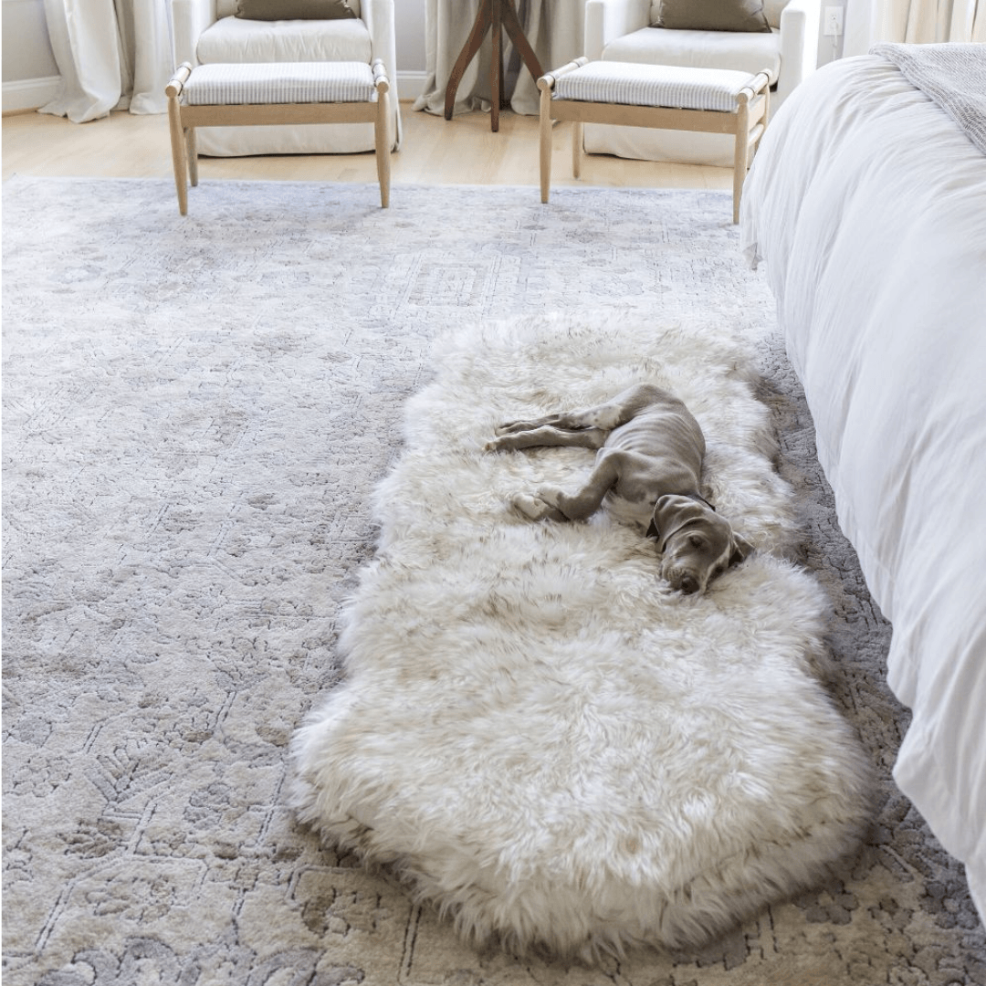 Puprug Orthopedic Faux Fur, Luxury Memory Foam Dog Bed, Curve White with Brown Accents