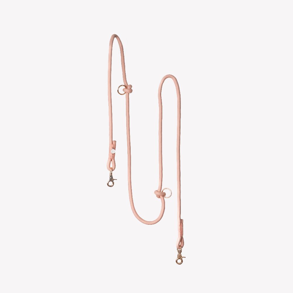 Rose gold dog leash on a light pink background