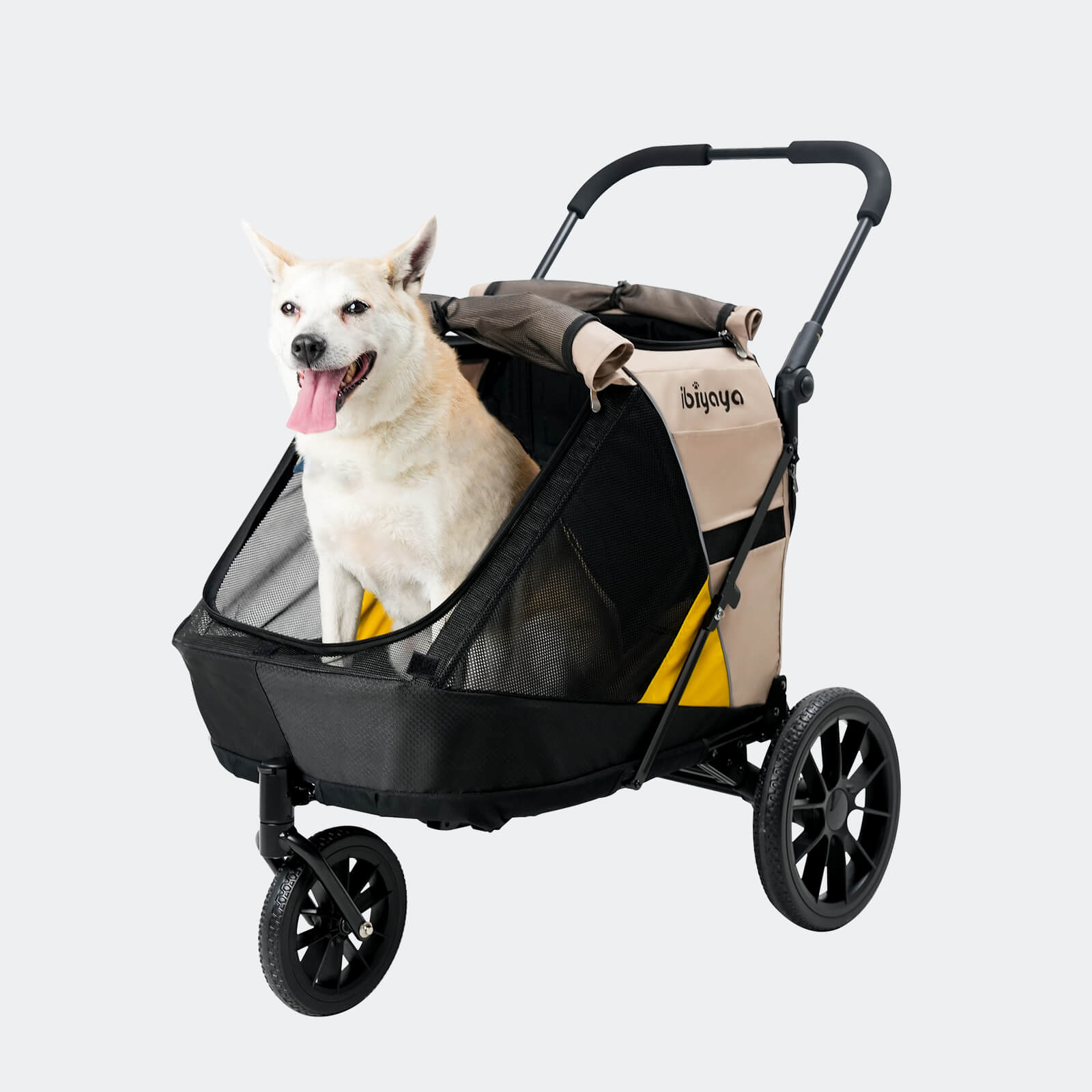 Dog in a pet stroller with Ibiyaya logo on a light gray background