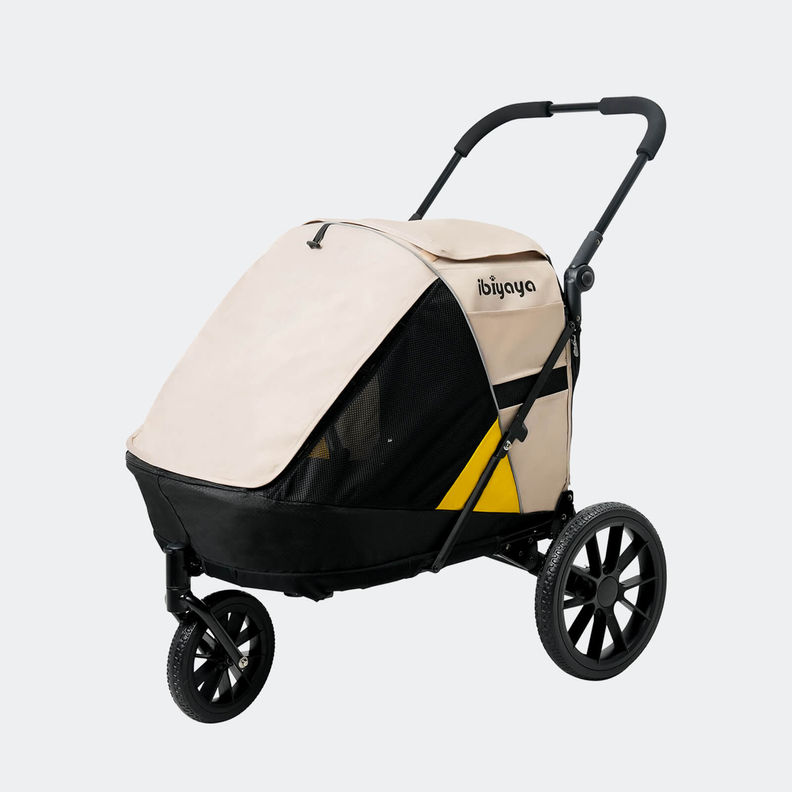 Beige and black pet stroller by ibiyaya brand logo with a yellow stripe on a white background