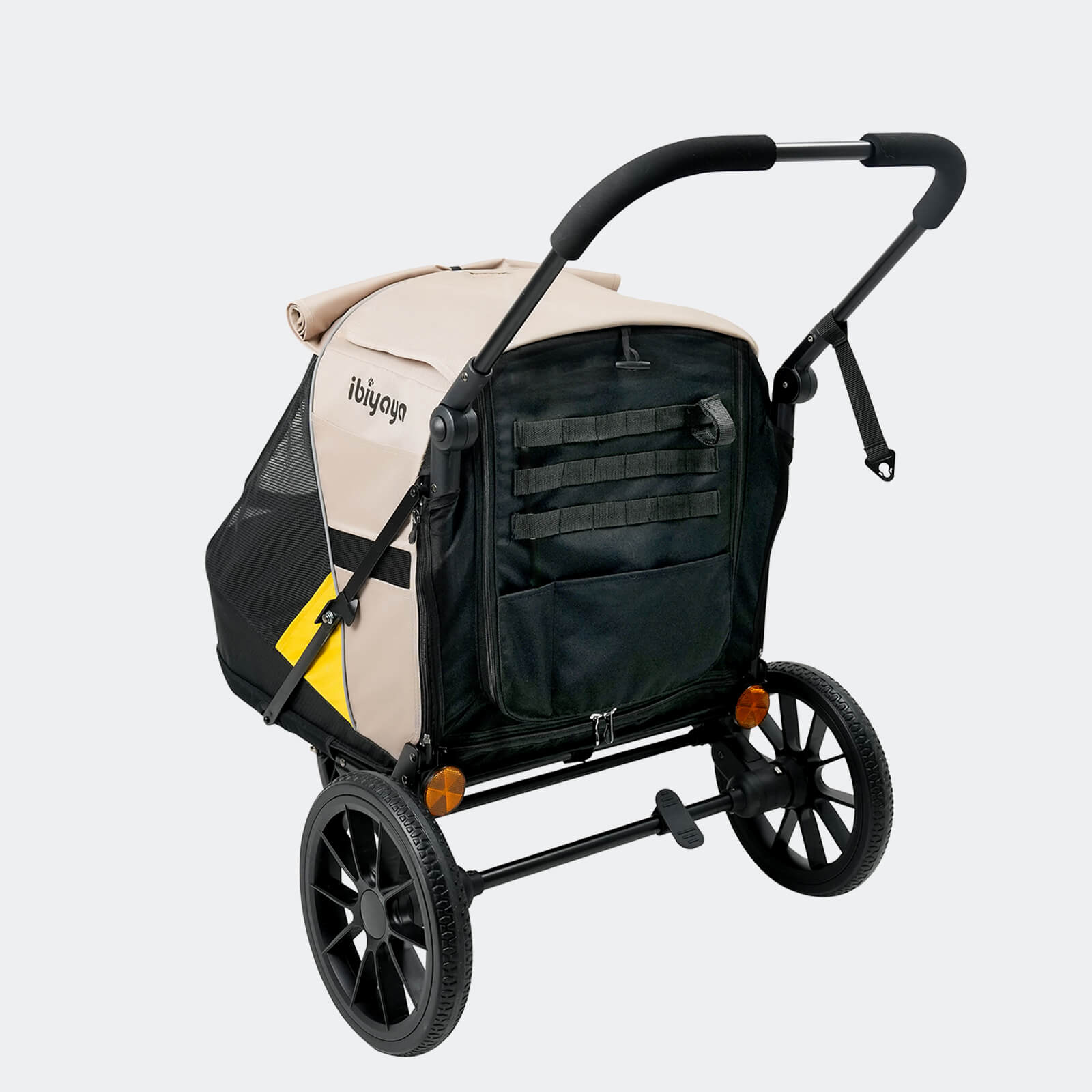 Ibiyaya pet stroller for cats and dogs with black frame and beige cover on a white background