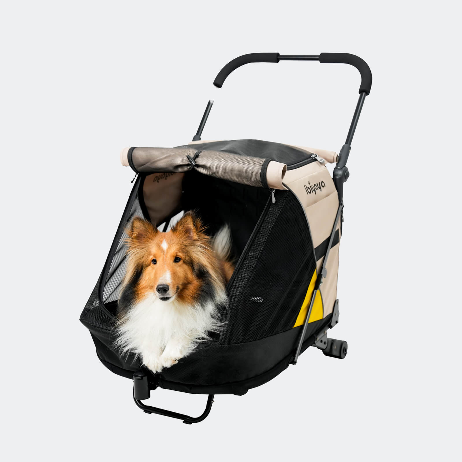 Pet stroller with a dog inside on a light gray background