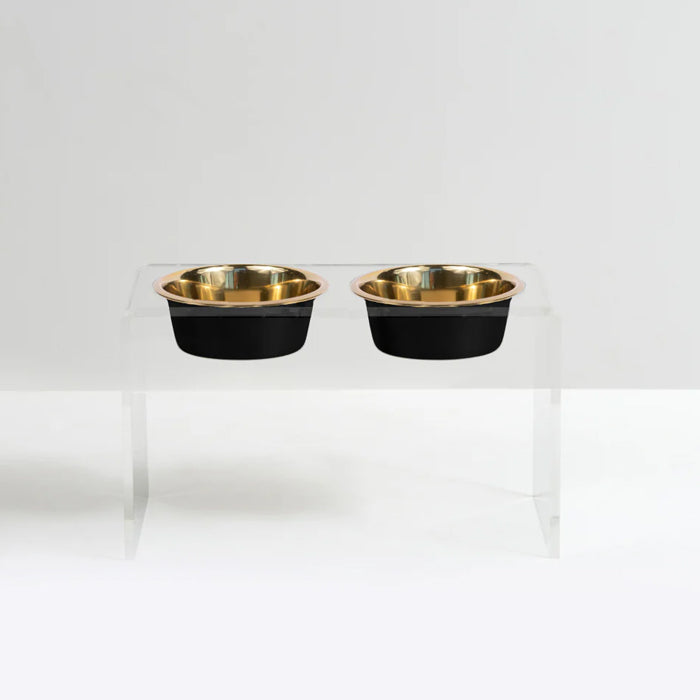 Two stainless steel food bowls with clear acrylic stand for large dogs