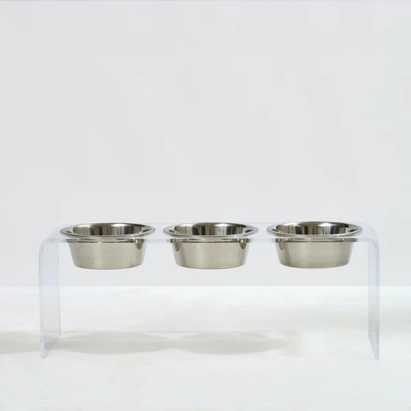 Three bowl elevated dog feeder with acrylic stand & lead-free stainless steel bowls