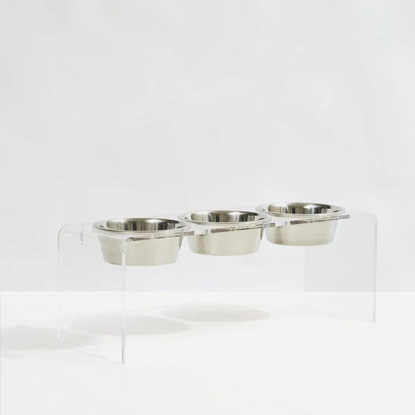 Three bowl elevated dog feeder with acrylic stand & lead-free stainless steel bowls