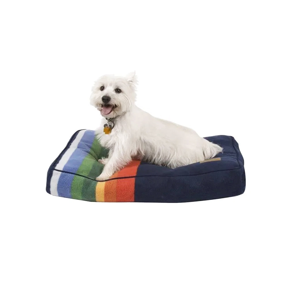 Small terrier dog on pendleton crate lake napper pet bed