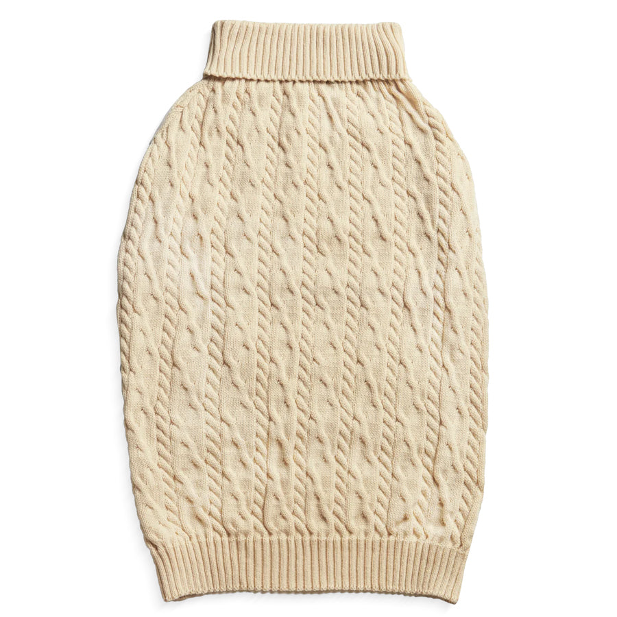 Beige shinola cable knit dog sweater for small to large size dogs