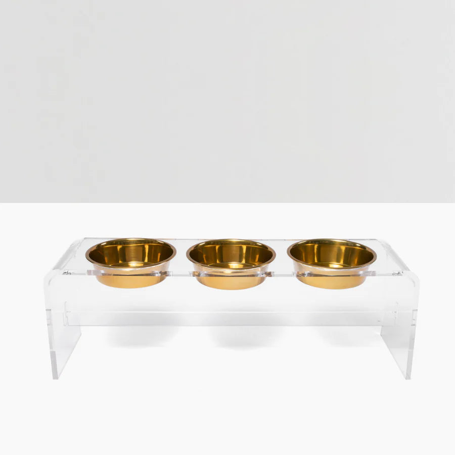 Three bowl elevated dog feeder with acrylic stand and lead-free stainless steel bowls gold