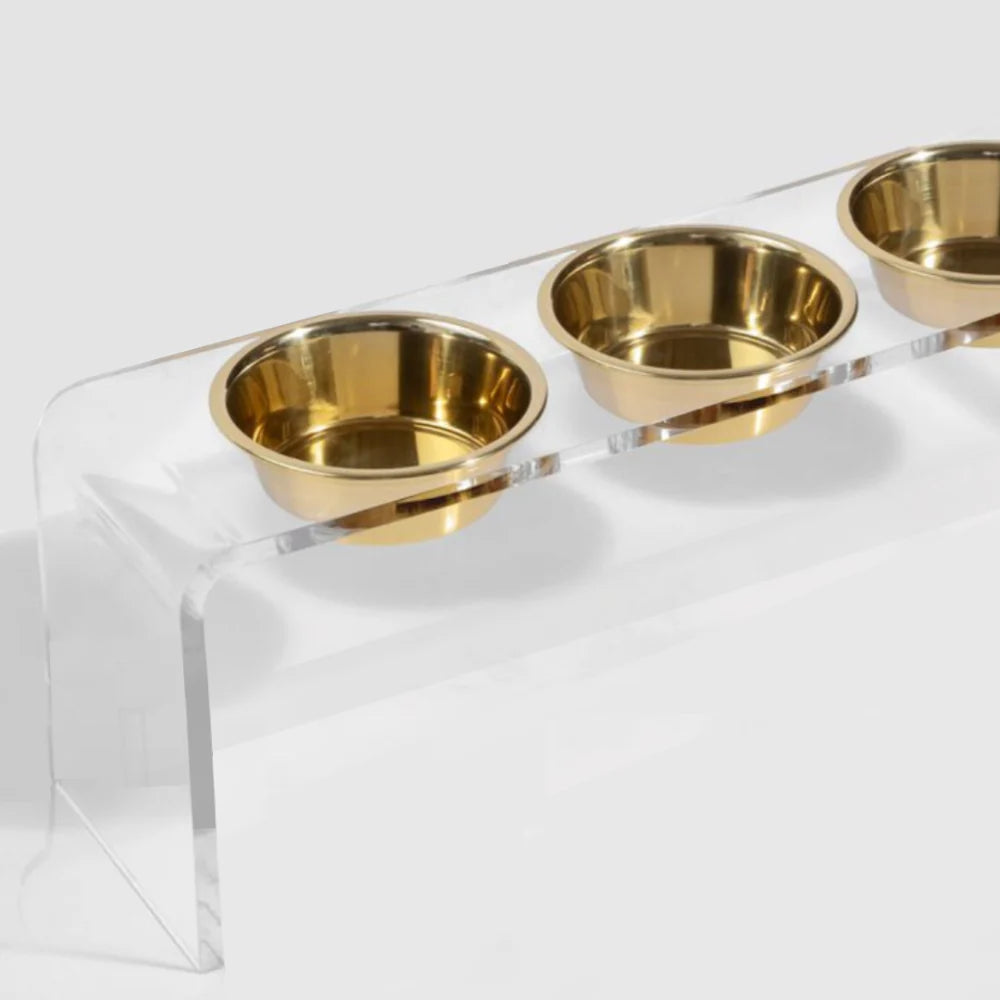 Three bowl elevated dog feeder with acrylic stand and lead-free stainless steel bowls gold