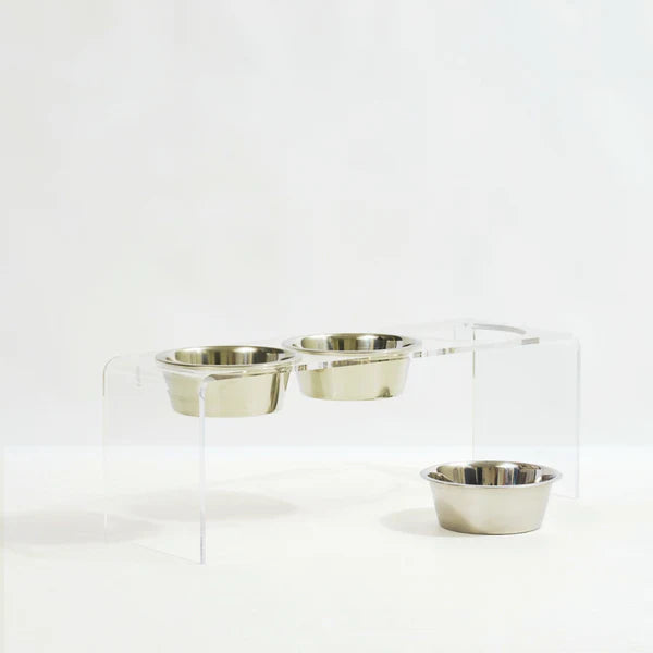 Three bowl elevated dog feeder with acrylic stand & lead-free stainless steel bowls