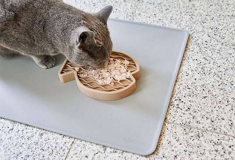 Cat eating wet food  from Miacara silicone slowfeeder and matching placemat set