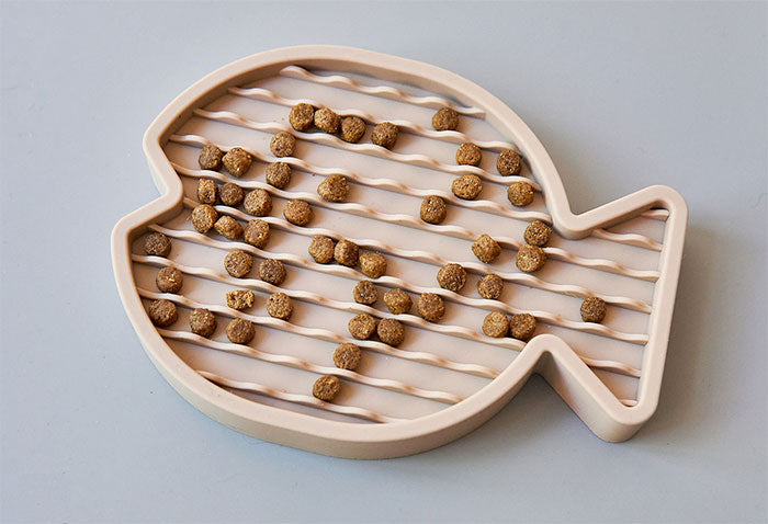 Cat treats on a slowfeeder and placemat